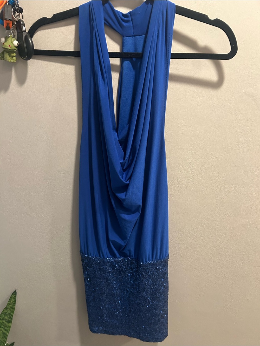 Arden B Royal Blue Backless Cowl Dress with Sequin Hem